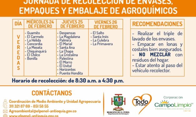 El Peñol realizará la jornada de recolección de agroquímicos