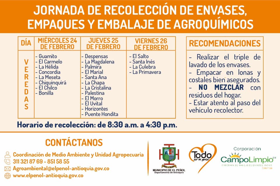 El Peñol realizará la jornada de recolección de agroquímicos