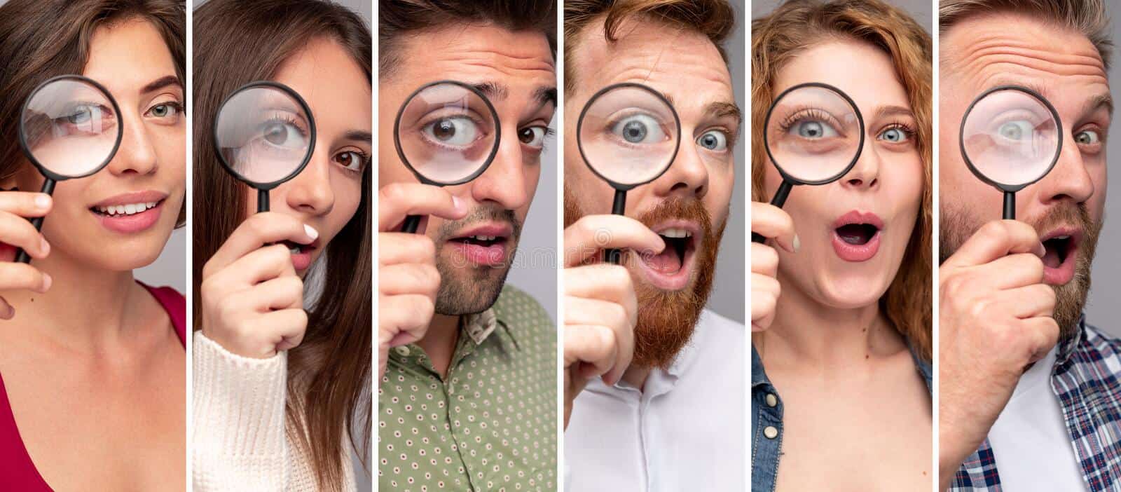 gente-asombrada-mirando-través-de-lupa-collage-hombres-y-mujeres-curiosos-la-cámara-con-gran-sorpresa-en-el-fondo-gris-207048314 Cuando jugábamos Amigo Secreto