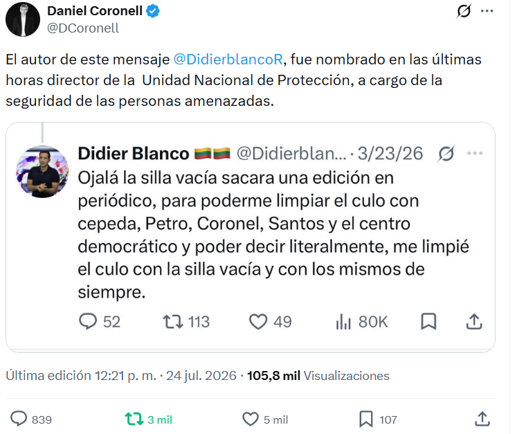 De la Espriella designa a Didier Blanco para la UNP: una apuesta que refleja el estilo del gobierno que aún no se posesiona Captura de pantalla 2026 07 24 223410