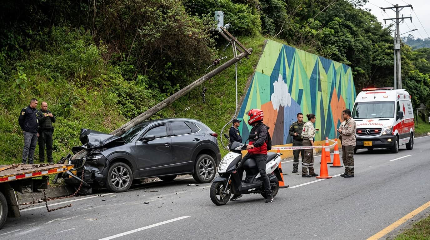 Choque en Guarne vehículo colisionó contra un poste en la autopista Medellín-Bogotá Escena del choque en Guarne en la autopista Medellín-Bogotá
