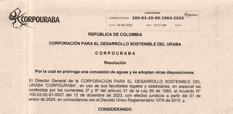 Corpourabá prorroga concesión de aguas subterráneas en Necoclí Aviso oficial de aguas subterráneas en Necoclí publicado por Corpourabá