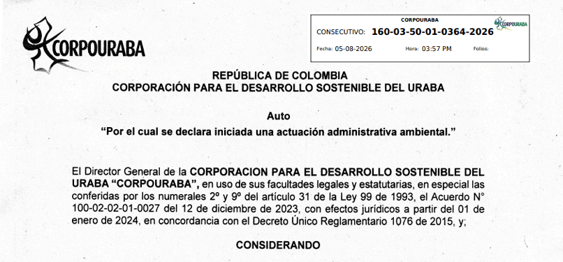 CORPOURABA publica autos y resoluciones hídricas Imagen de apoyo de CORPOURABA sobre autos y resoluciones hídricas de 2026