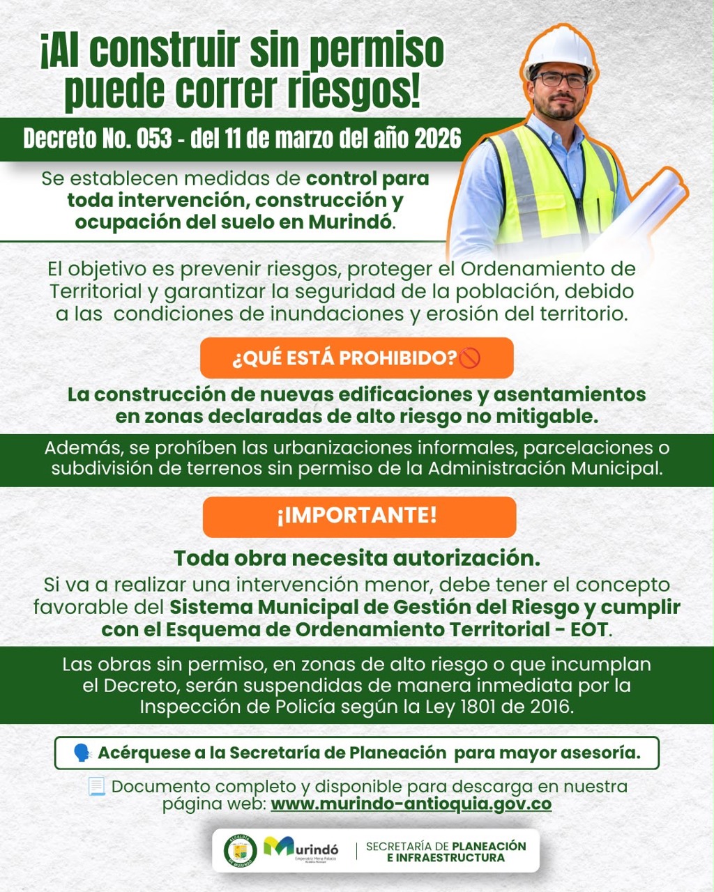 Pieza informativa del Decreto 053 sobre control de construcciones en Murindó