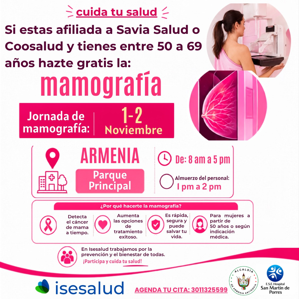 Mamografías Armenia: jornada gratis 1 y 2 noviembre Pieza informativa sobre mamografías Armenia con fechas, horario y número para agendar citas